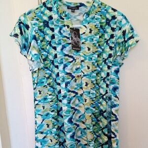 Brand New AVA & GRACE Teal, Blue and Green Abstract Button-Front Top
